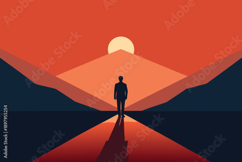 Silhouette of a person walking alone on a mountain road at sunset under a colorful sky