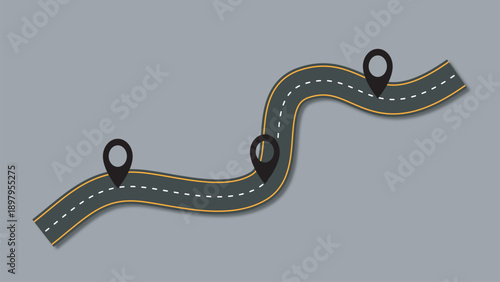 Winding Road with Location Pins on Gray Background, Navigation Concept, Travel Route