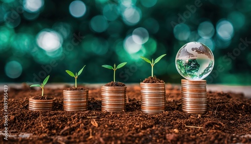 Wallpaper Mural A row of coins with plants growing out of them and a globe on top Torontodigital.ca