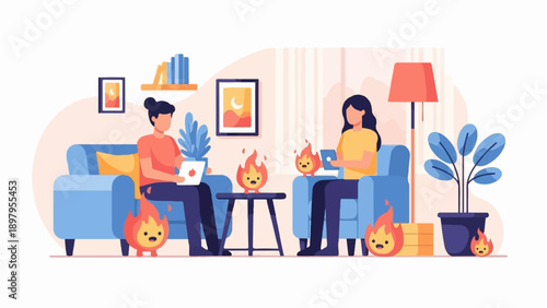 Two people relax on sofas with laptops near playful, anthropomorphic flames