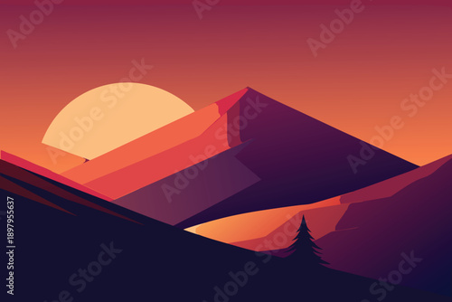 The sun sets behind a range of abstract, low-poly mountains, casting a warm glow on the landscape.