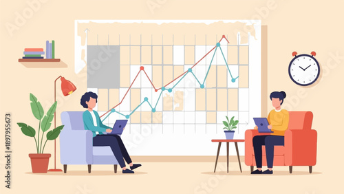 Two people sit in armchairs working on laptops in front of a chart