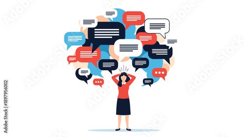 Stressed young woman holding her head while being overwhelmed by many speech bubbles representing social media noise and mental health issues.