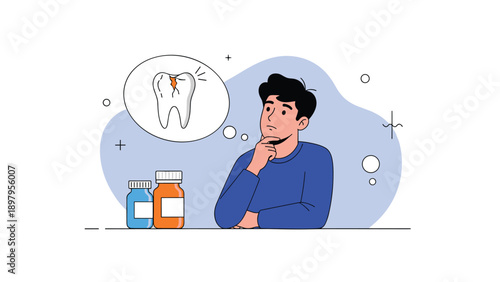 Concerned man thinking about a toothache and dental health while looking at a thought bubble showing a damaged tooth next to medicine bottles.