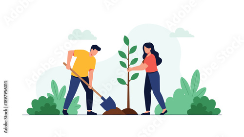 Man and woman planting a young tree together in a garden while digging the soil with a shovel to promote environmental conservation.