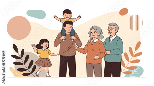 Happy multi-generational family standing together in a warm embrace with a father carrying his young son on his shoulders outdoors.