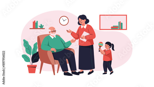 Female social worker or nurse talking to an elderly man while his granddaughter plays nearby during a home visit or senior care session.