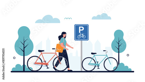 Young woman walking through a city park past a designated bicycle parking area with several bikes secured near a blue traffic sign.