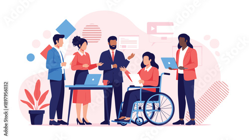 Diverse business team collaborating in a modern office including a professional woman in a wheelchair participating in the discussion.
