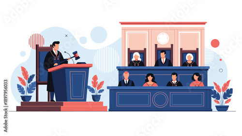 Professional judge standing at a podium in a courtroom while the jury and legal staff observe during a formal justice and law proceeding.