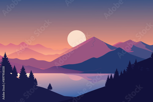 The serene beauty of a mountain range under a full moon reflecting on a tranquil lake.