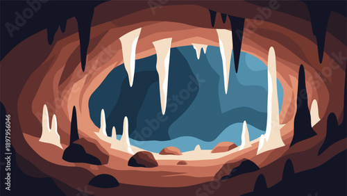 Scenic view of a deep underground limestone cave filled with sharp stalactites hanging from the ceiling and stalagmites on the floor.