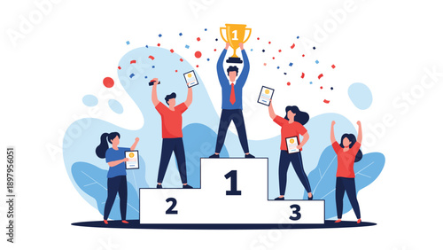 Group of successful winners celebrating on a podium while holding trophies and certificates under falling colorful confetti in the air.