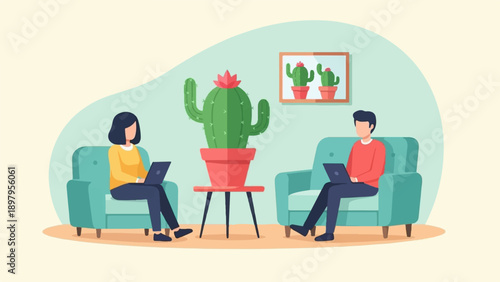 Two people sit in armchairs working on laptops with a cactus centerpiece