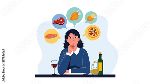 Hungry young woman sitting at a dining table while dreaming and thinking about various delicious food choices like pizza, fish, and meat.