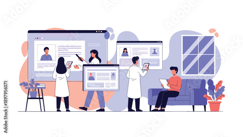 Group of doctors and medical staff using advanced digital interfaces to manage patient data and electronic health records in a clinic.