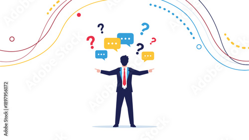 Stressed businessman standing with his arms open while surrounded by many colorful question marks and chat bubbles reflecting confusion.