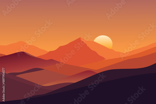 Golden sunset over mountain landscape with glowing sky and soft clouds