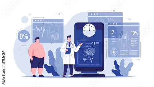 Medical doctor using a digital screen to explain digestive health and weight management strategies to an overweight man in a clinic.