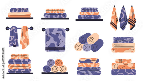 Collection of soft bathroom towels with different colors and patterns neatly folded on shelves or hanging on hooks for household use.