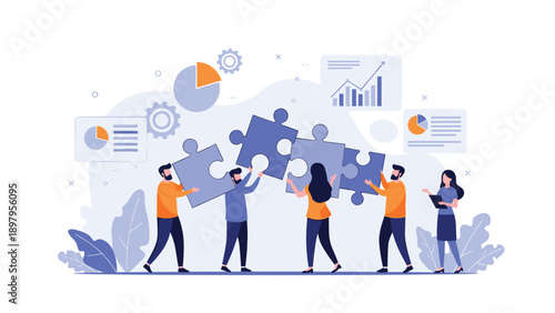 Team of business professionals working together to assemble large puzzle pieces representing successful collaboration and problem solving.