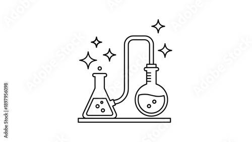 Simple line art illustration of laboratory glassware including an Erlenmeyer flask and a round bottom flask connected by a glass tube.