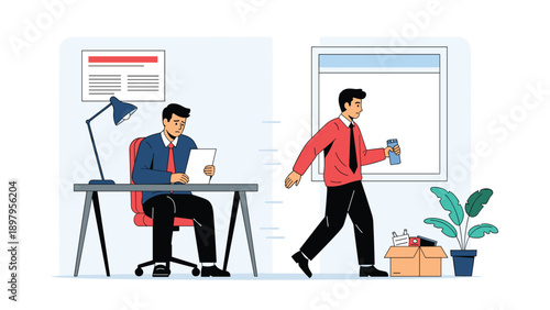 Sad scene of a man carrying a box of belongings while leaving the office after losing his job as a colleague looks on with concern.