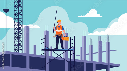 Construction worker wearing a safety vest and helmet standing on a scaffold at a high-rise building site with cranes in the background.