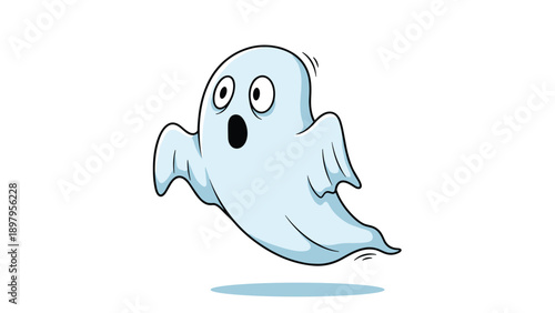 Funny cartoon ghost with a wide-eyed surprised expression and open mouth floating in the air for a playful Halloween theme.