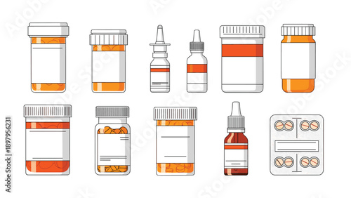 Various pharmaceutical products including medical pill bottles spray containers and dropper bottles for health care and drug treatments.