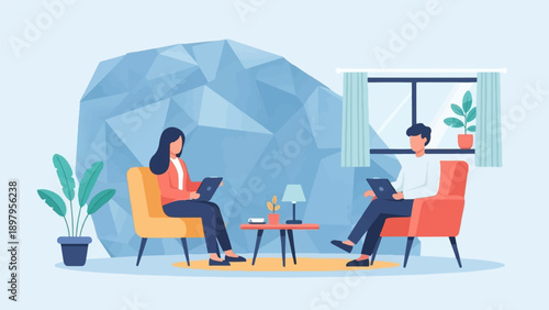 Two people sit in chairs, each with a laptop, in a room with plants