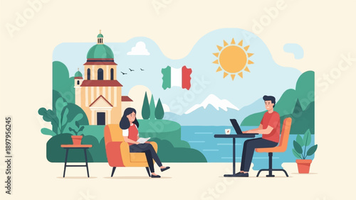 Two people relax outdoors with laptop and book, scenic Italy backdrop