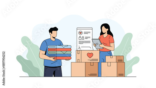 Volunteers packing cardboard boxes with clothing and essential items for humanitarian aid and charity donation.