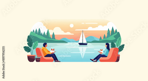 Two people relax with dogs by a serene lake with a sailboat