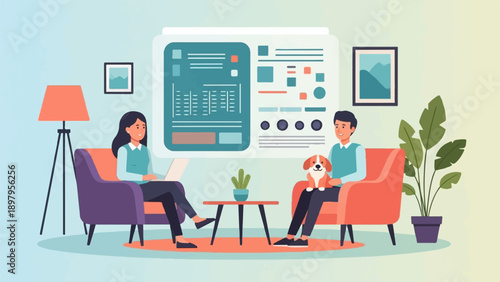 Two people relax with a dog and laptop in a modern living room