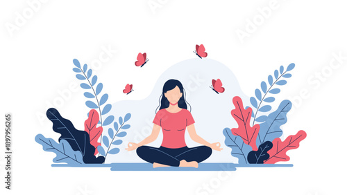 Young woman practicing yoga and meditation in lotus pose surrounded by colorful plants and flying butterflies.