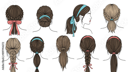 Variety of feminine hairstyles including braids, ponytails, and buns decorated with ribbons and colorful headbands.