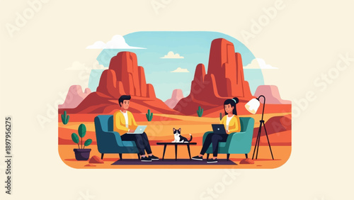 Two people work on laptops in a desert landscape with a cat