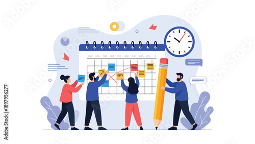 Collaborative team of office workers organizing tasks and planning schedule on a giant wall calendar with notes.