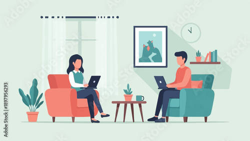 Two people sitting in comfortable chairs, each using a laptop