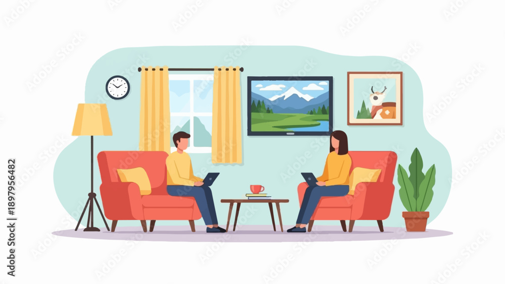 Fototapeta premium Two people sit in chairs with laptops