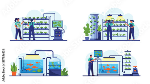 Collection of modern agricultural methods including hydroponic systems, indoor farming, and aquaponics for fish.