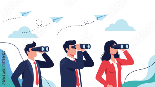 Three business professionals looking through binoculars into the distance searching for opportunities and vision.
