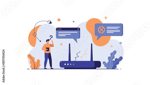 Man trying to fix an internet connection issue with a wireless router at home while looking confused by messages.