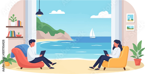 Two people relax in comfortable chairs looking out a window at a serene beach