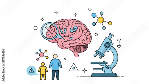 Scientific research and analysis of the human brain using a microscope and magnifying glass in a laboratory.