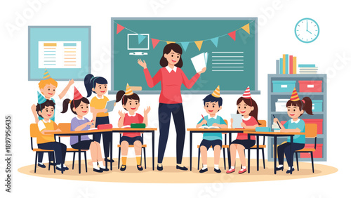 Enthusiastic teacher conducting a fun lesson in a colorful classroom with elementary school students wearing hats.