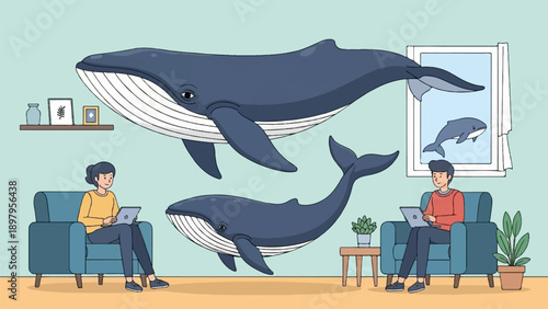 Two people sit in chairs with laptops as large whales swim through a room