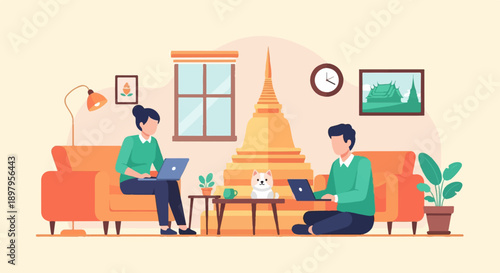 Two people work on laptops in a living room with a dog