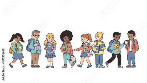 Group of diverse elementary school children walking together carrying their backpacks and books for class.